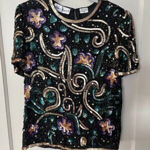 Vintage Night Vogue Sequin/Bead Top Short Sleeve Pullover 100% Silk Lined Size M